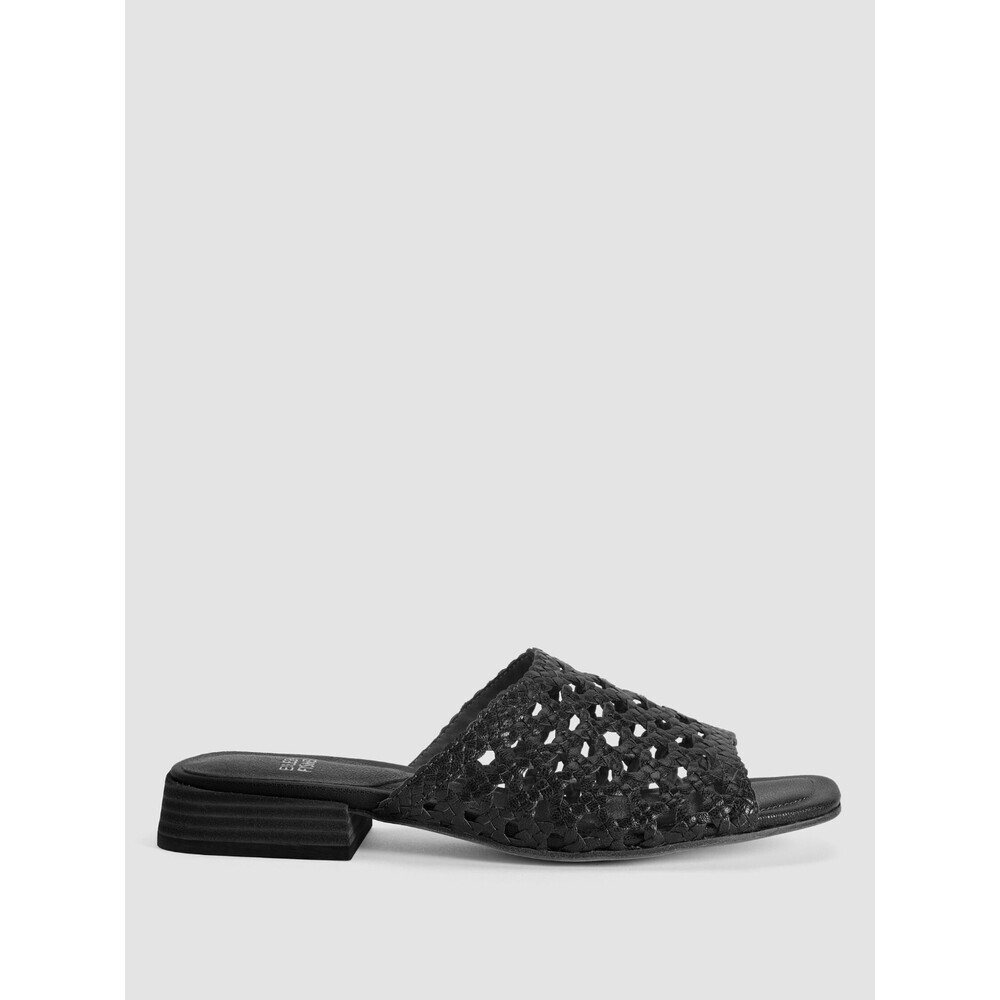 Eileen Fisher Folie Sandals Women 8 Black Woven Leather Block Heel Slide HAWK075
